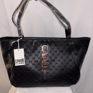 Cavalli Class Sandra Shopper Tote Bag Black Debossed Designer Handbag NWT